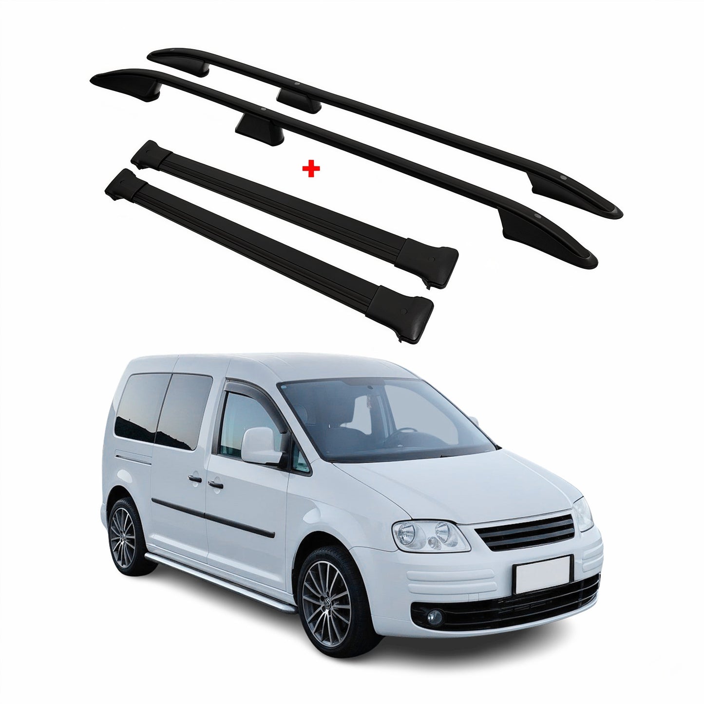 Dachreling + Dachträger SET für VW Caddy 2003-2010 L2 Langer Alu Schwarz 4tlg
