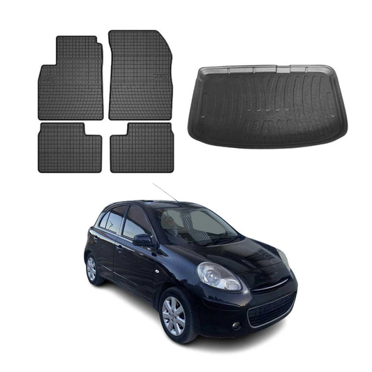 Set covorașe și tapițerie portbagaj pentru Nissan Micra K13 2010-2017, cauciuc, negru, 5x