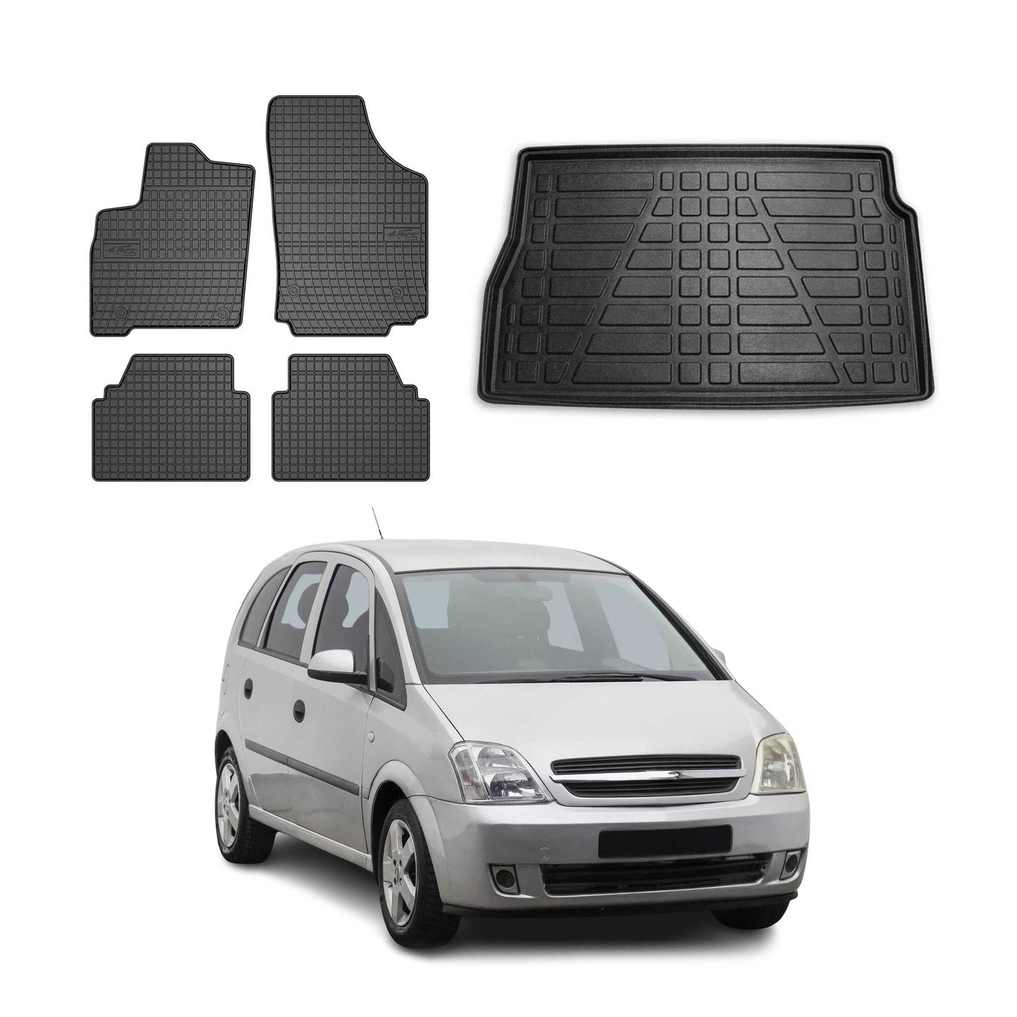 Fußmatten & Kofferraumwanne Set für Opel Meriva 2003-2010 Gummi TPE Schwarz 5x