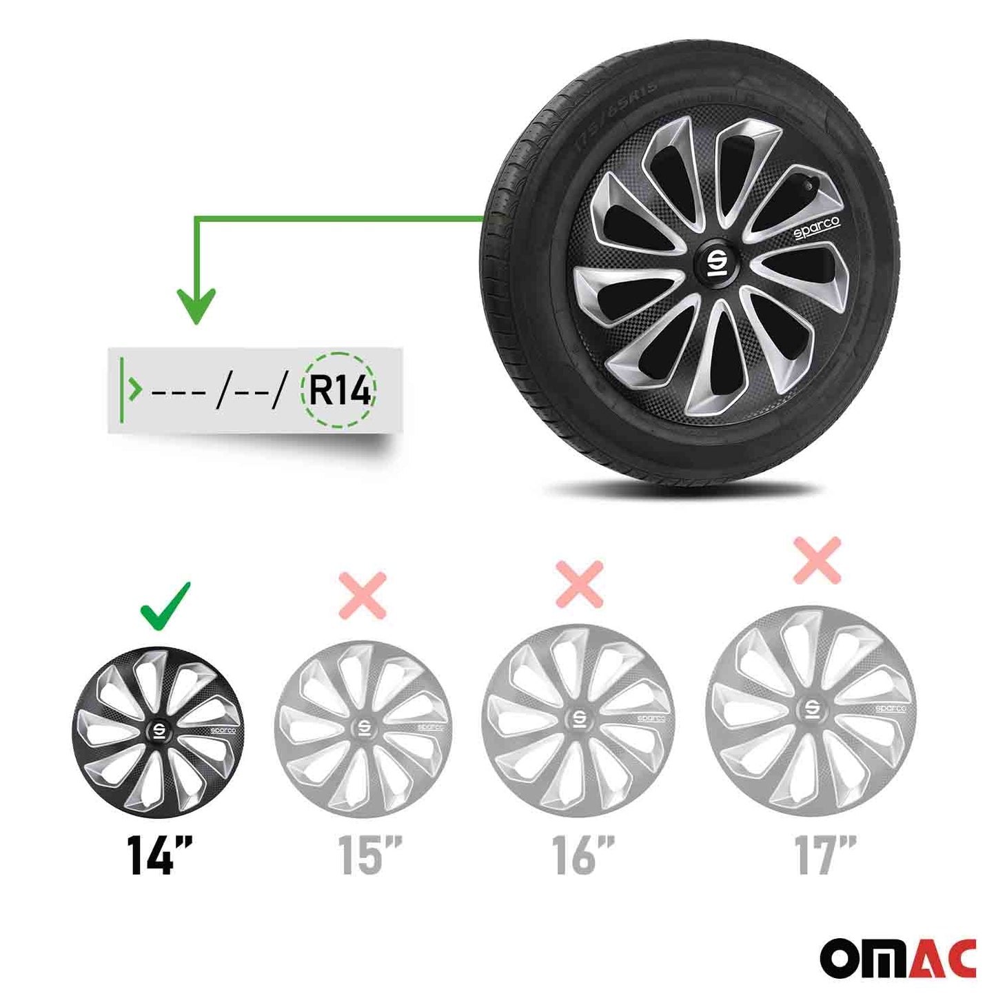Radkappen Radzierblenden Sparco Sicilia 14" Zoll Auto Schwarz Carbon Silber 4x
