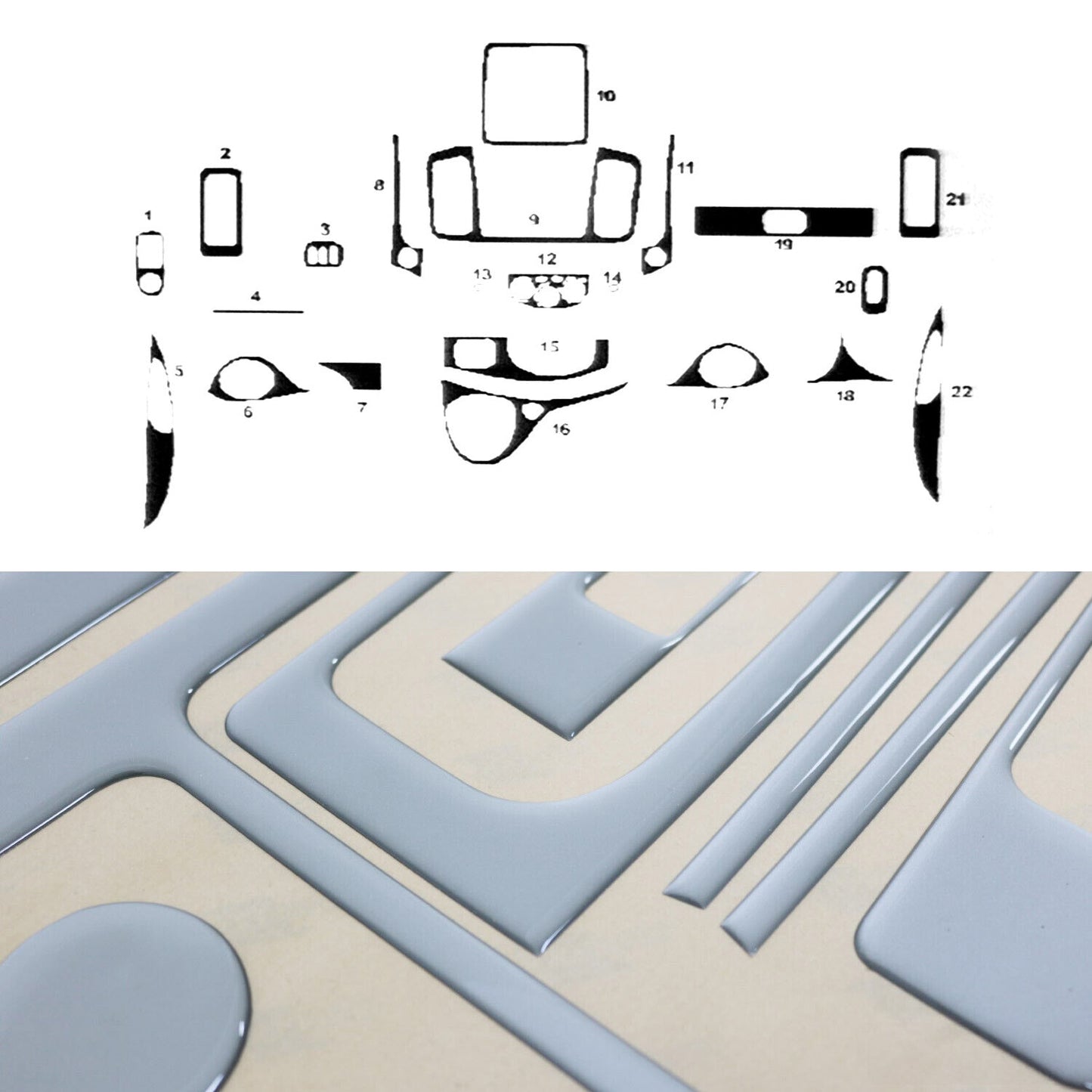 Ornamente interioare cockpit pentru Opel Vivaro 2010-2014, aspect aluminiu, 22 bucăți