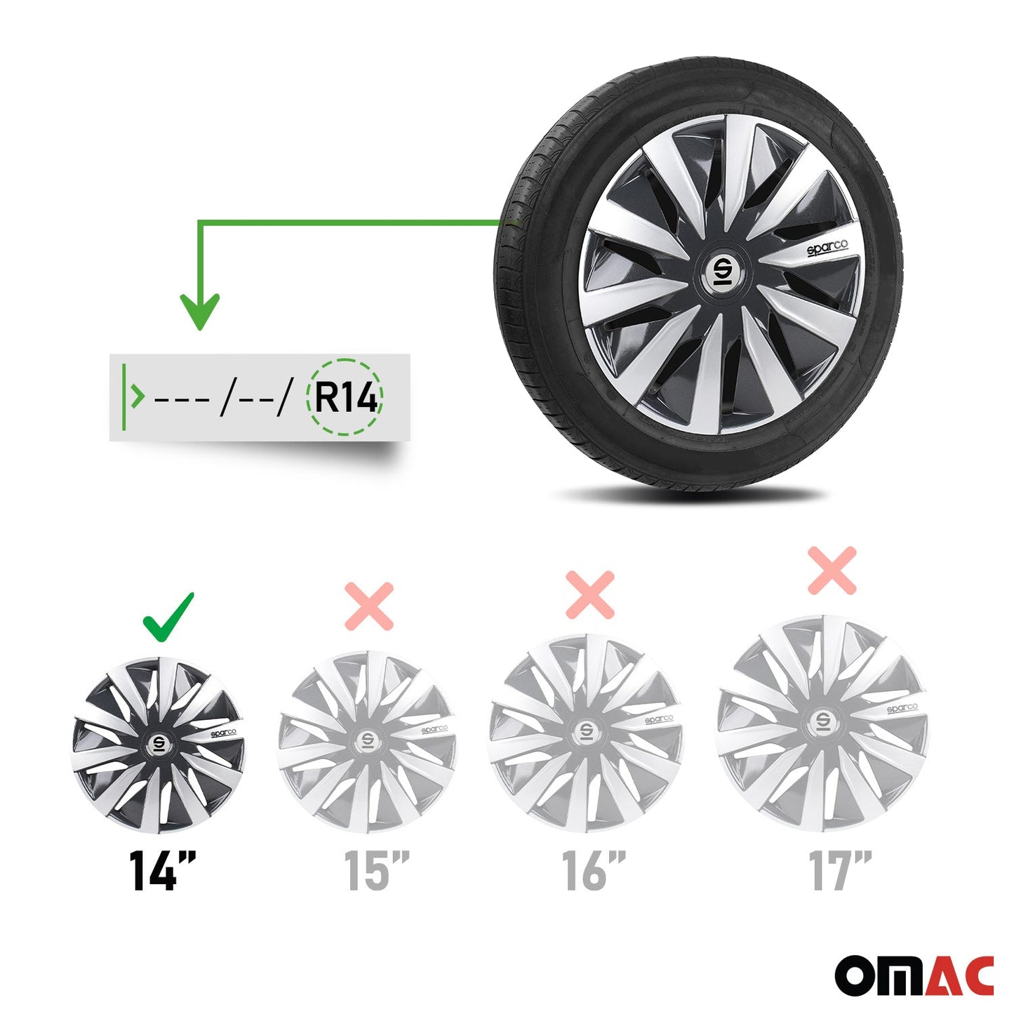 Radkappen Radzierblenden Sparco Lazio 14" Zoll Auto Abdeckung Set Grau Silber 4x