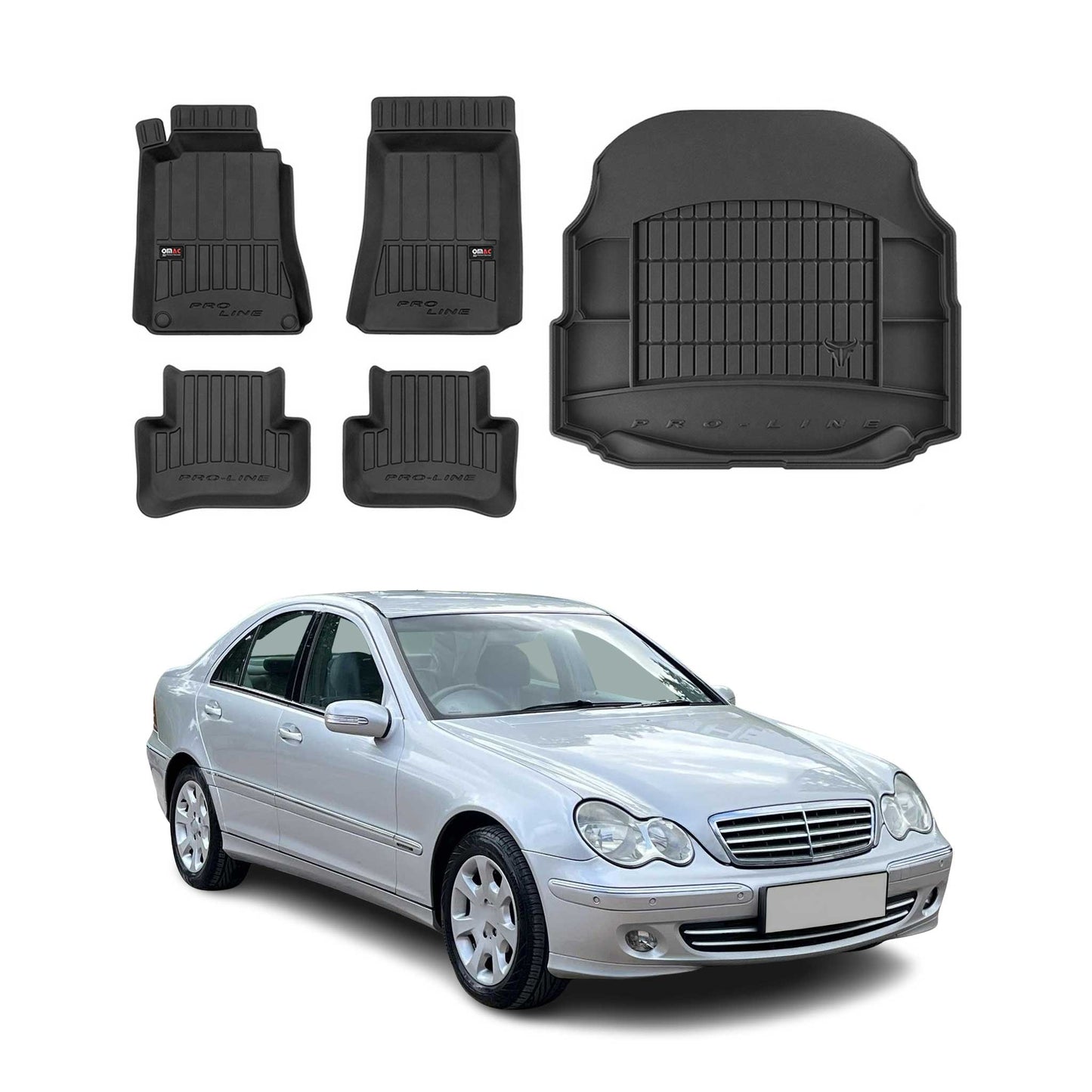 OMAC Fußmatten & Kofferraumwanne Set für Mercedes C Klasse W203 2000-2007 Gummi
