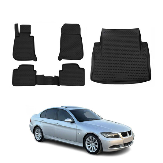 Set covorașe și tapițerie portbagaj pentru BMW Seria 3 E90 2005-2013, cauciuc TPE, negru, 5x