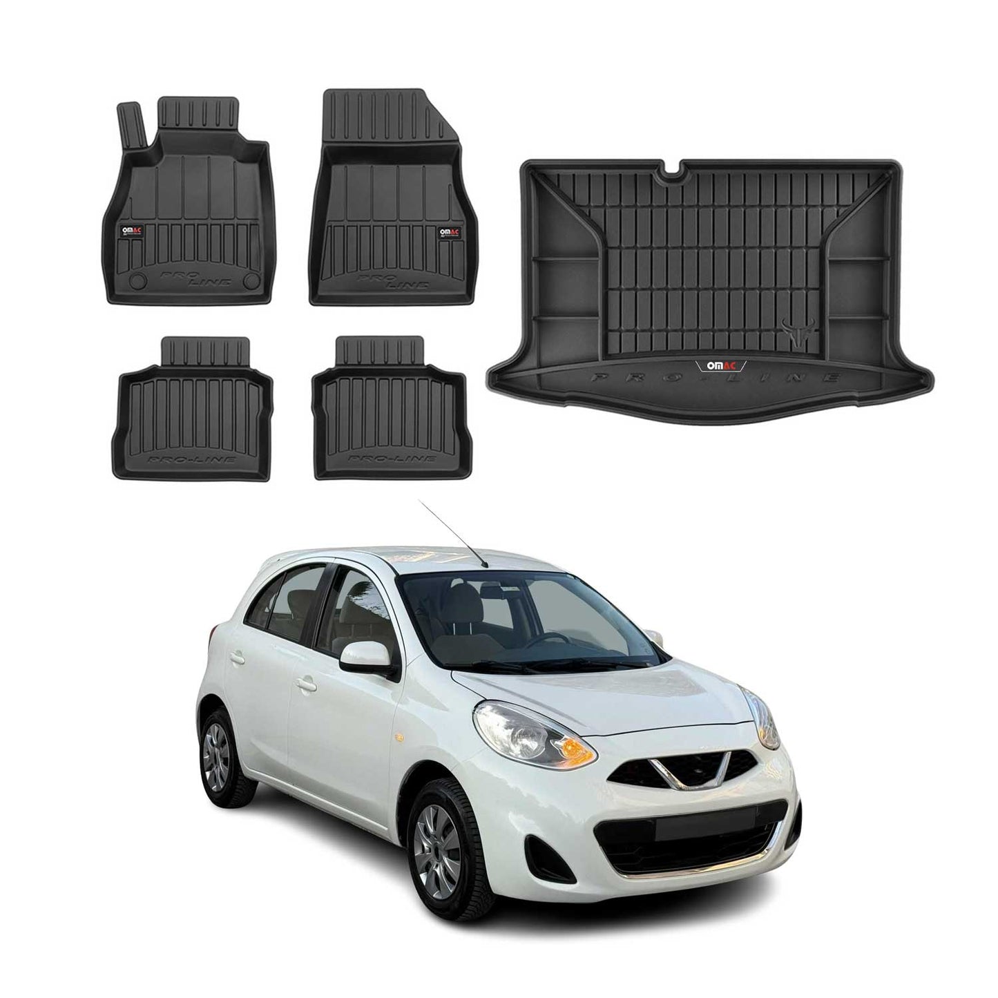 OMAC Fußmatten & Kofferraumwanne Set für Nissan Micra 2016-2025 Gummi Schwarz 5x