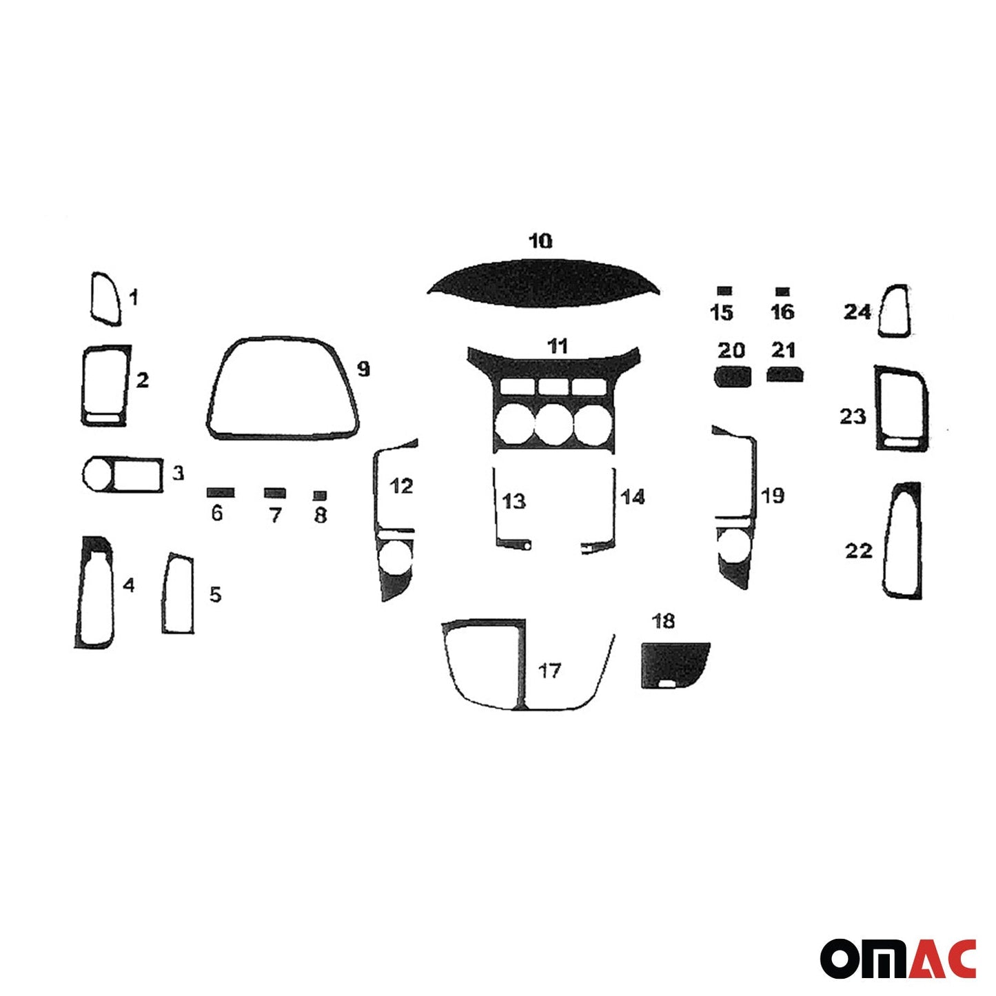 Ornamente interioare cockpit pentru Hyundai H-1 2008-2025, aspect negru piano, 24 bucăți