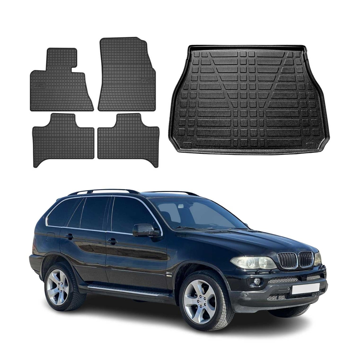 Fußmatten & Kofferraumwanne Set für BMW X5 E53 1999-2006 Gummi Schwarz TPE 5x