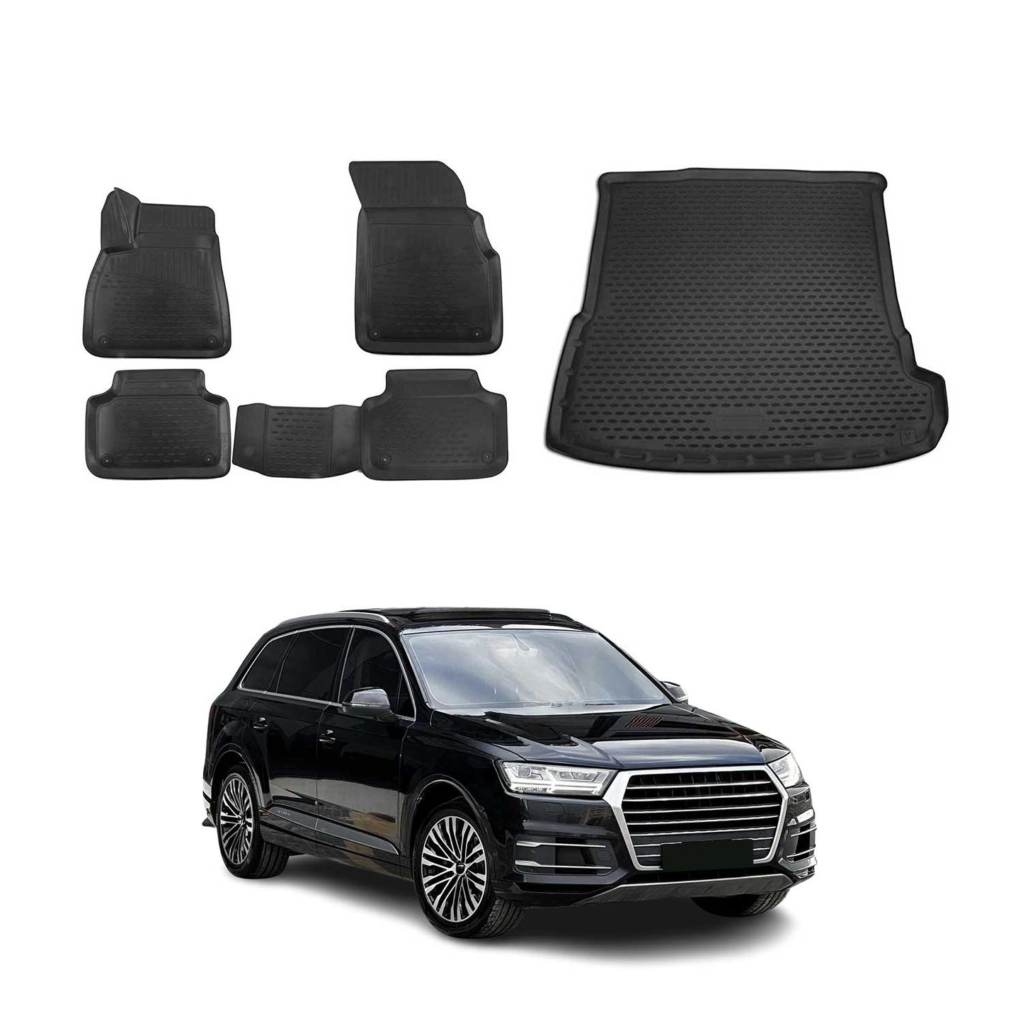 Set covorașe și tapițerie portbagaj pentru Audi Q7 4M 2015-2025, cauciuc TPE, negru, 5x