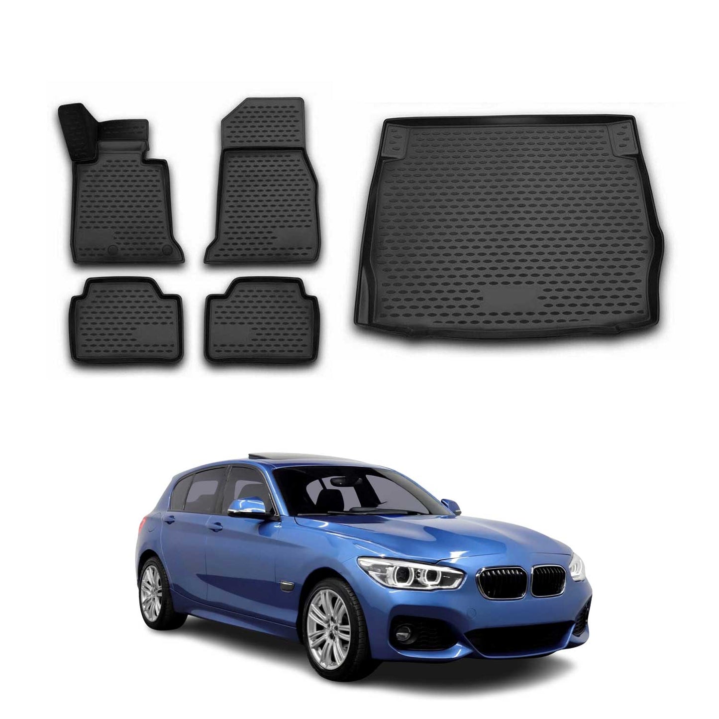 Set covorașe și tapițerie portbagaj pentru BMW Seria 1 F20 2011-2015, cauciuc TPE, negru, 5x