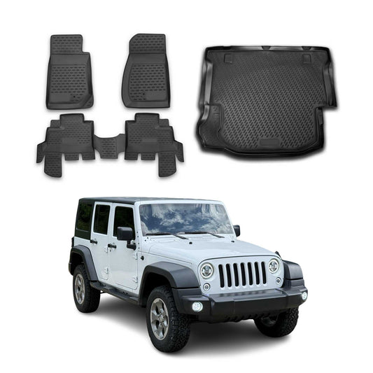 Fußmatten & Kofferraumwanne Set für Jeep Wrangler 2007-2017 Gummi TPE Schwarz 5x