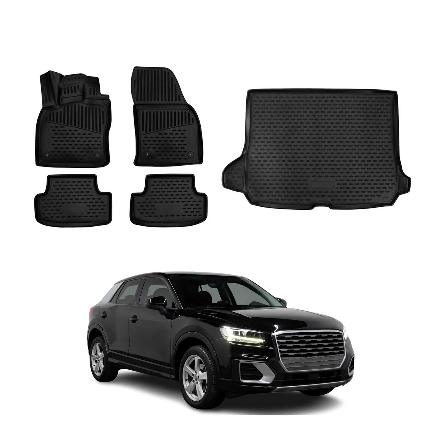 Set covorașe și tapițerie portbagaj pentru Audi Q2 2017-2025, cauciuc TPE, negru, 5x