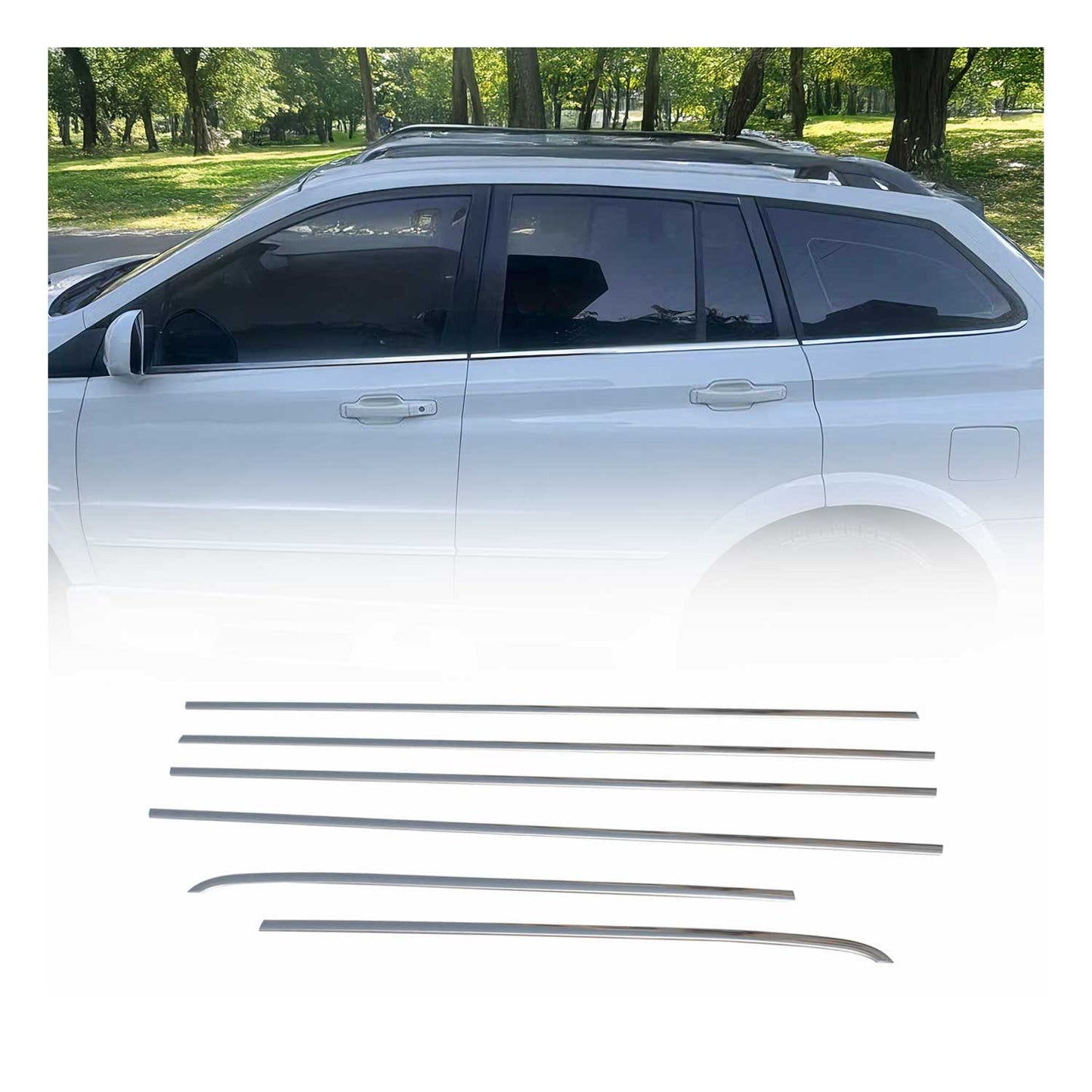 Benzi decorative/ornamente geamuri pentru Ssangyong Kyron 2007-2014, oțel inoxidabil, cromat, 6 bucăți