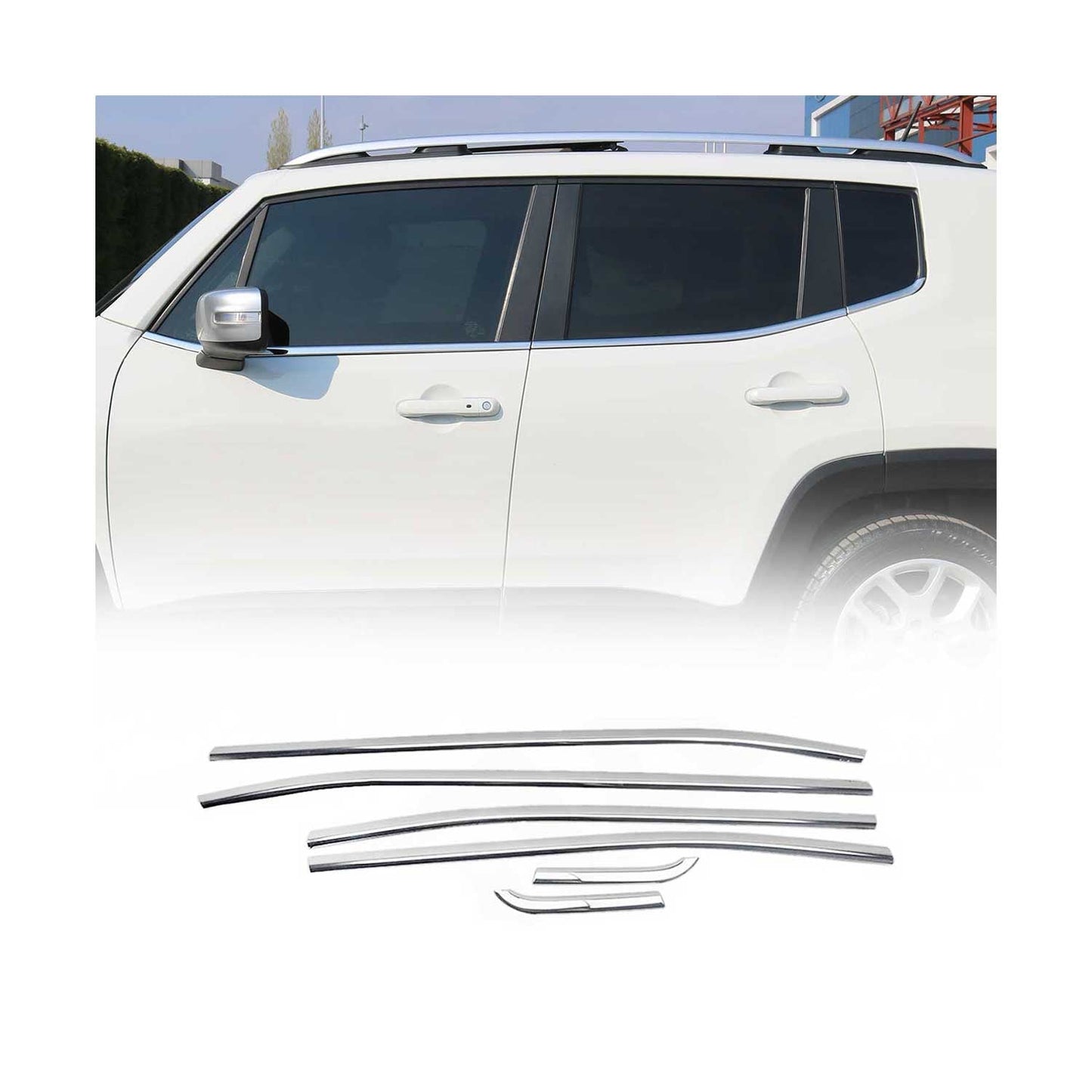 Benzi decorative pentru geamuri Jeep Renegade 2014-2024, oțel inoxidabil cromat, 6 bucăți