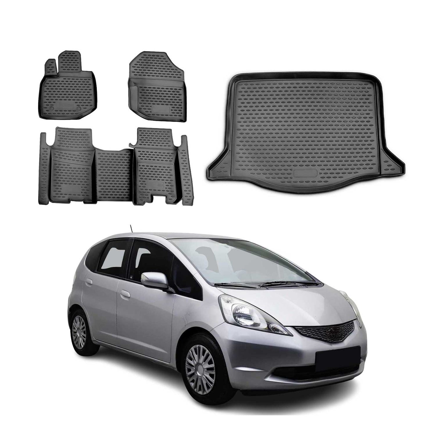 Fußmatten & Kofferraumwanne Set für Honda Jazz 2007-2015 Gummi TPE Schwarz 5x