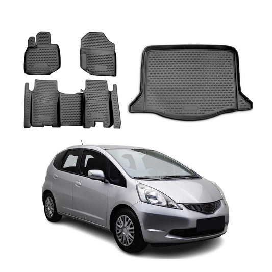 Set covorașe și căptușeală portbagaj pentru Honda Jazz 2007-2015, cauciuc TPE, negru, 5x