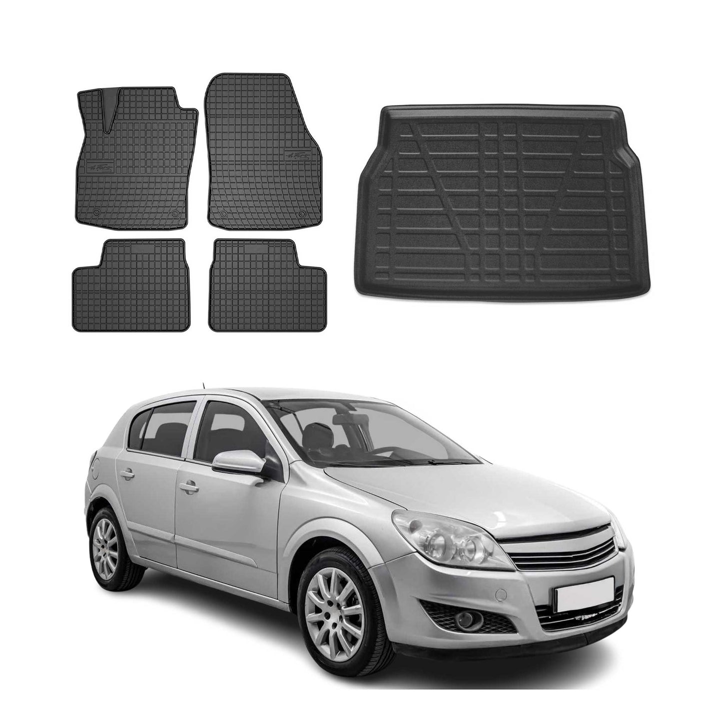 Set covorașe și tapițerie portbagaj pentru Opel Astra H 2004-2013, cauciuc TPE, negru, 5x