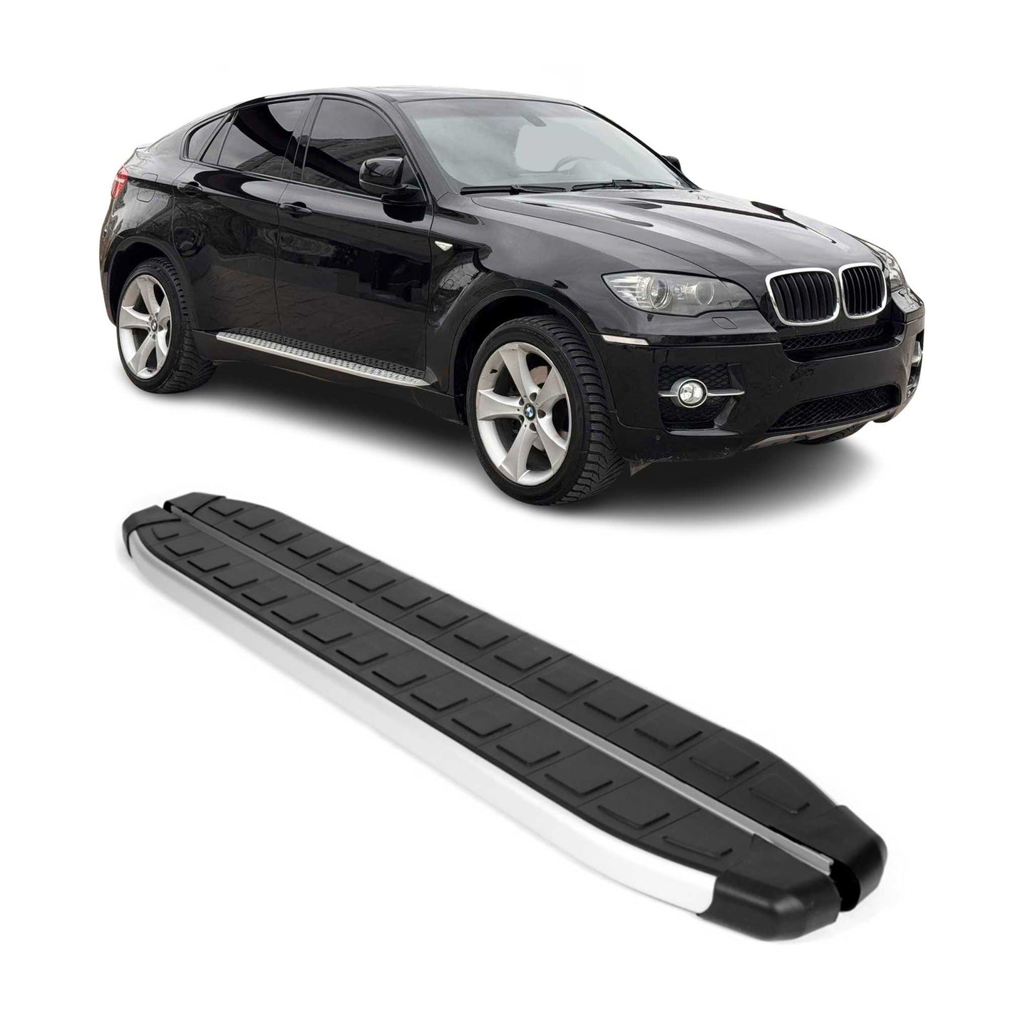 Podnóżki, progi boczne i panele progowe do BMW X6 2008-2014, srebrne/czarne, zestaw 2 szt.