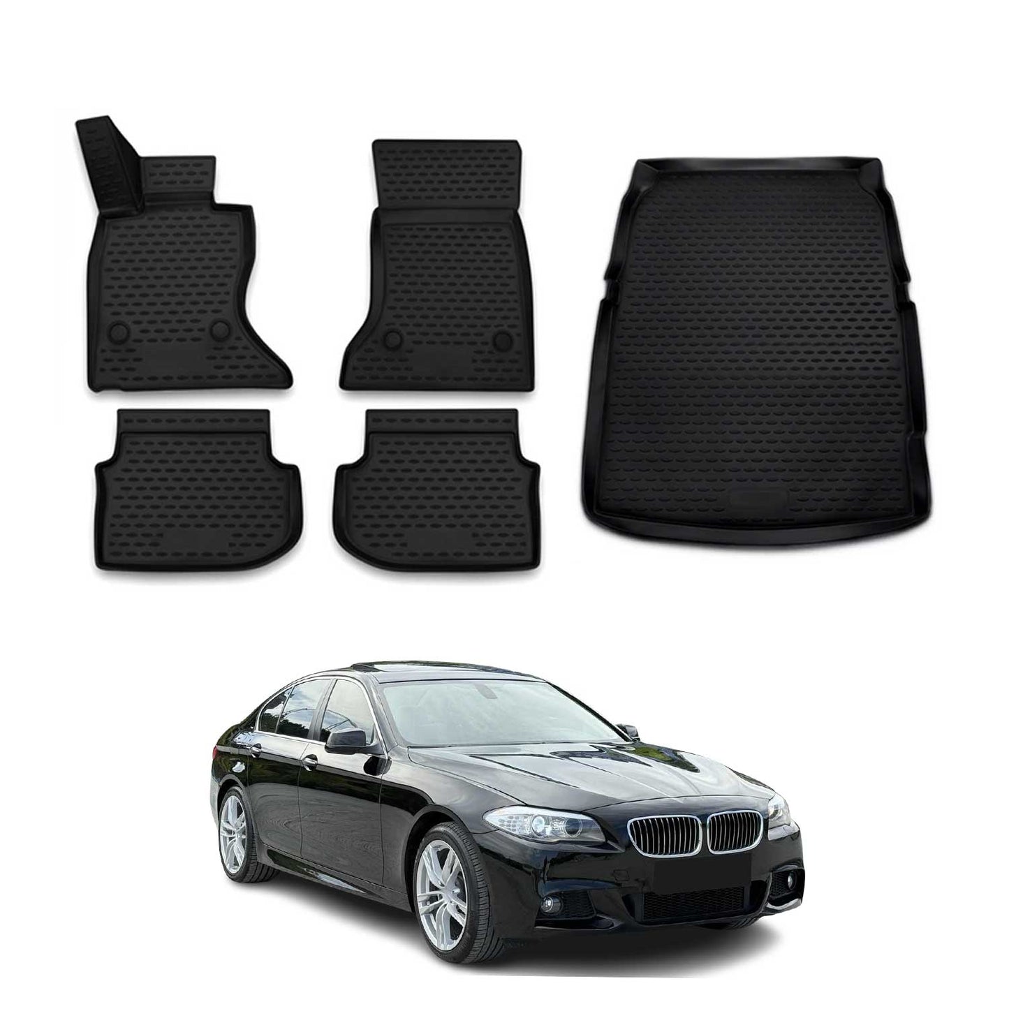 Set covorașe și tapițerie portbagaj pentru BMW Seria 5 F10 2010-2017, cauciuc TPE, negru, 5x