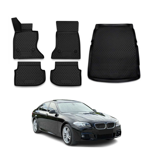 Set covorașe și tapițerie portbagaj pentru BMW Seria 5 F10 2010-2017, cauciuc TPE, negru, 5x