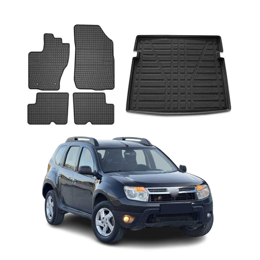Set covorașe și tapițerie portbagaj pentru Dacia Duster 2010-2018, cauciuc TPE, negru, 5x