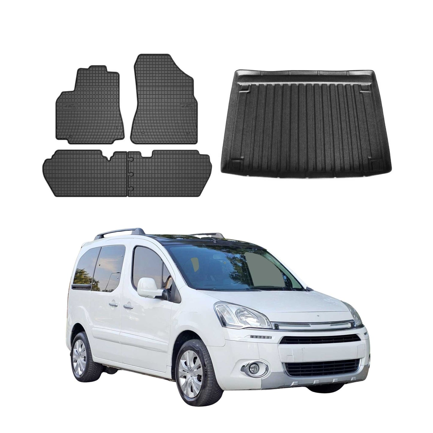 Fußmatten & Kofferraumwanne Set für Citroen Berlingo 2008-2018 Obere Gummi 5x