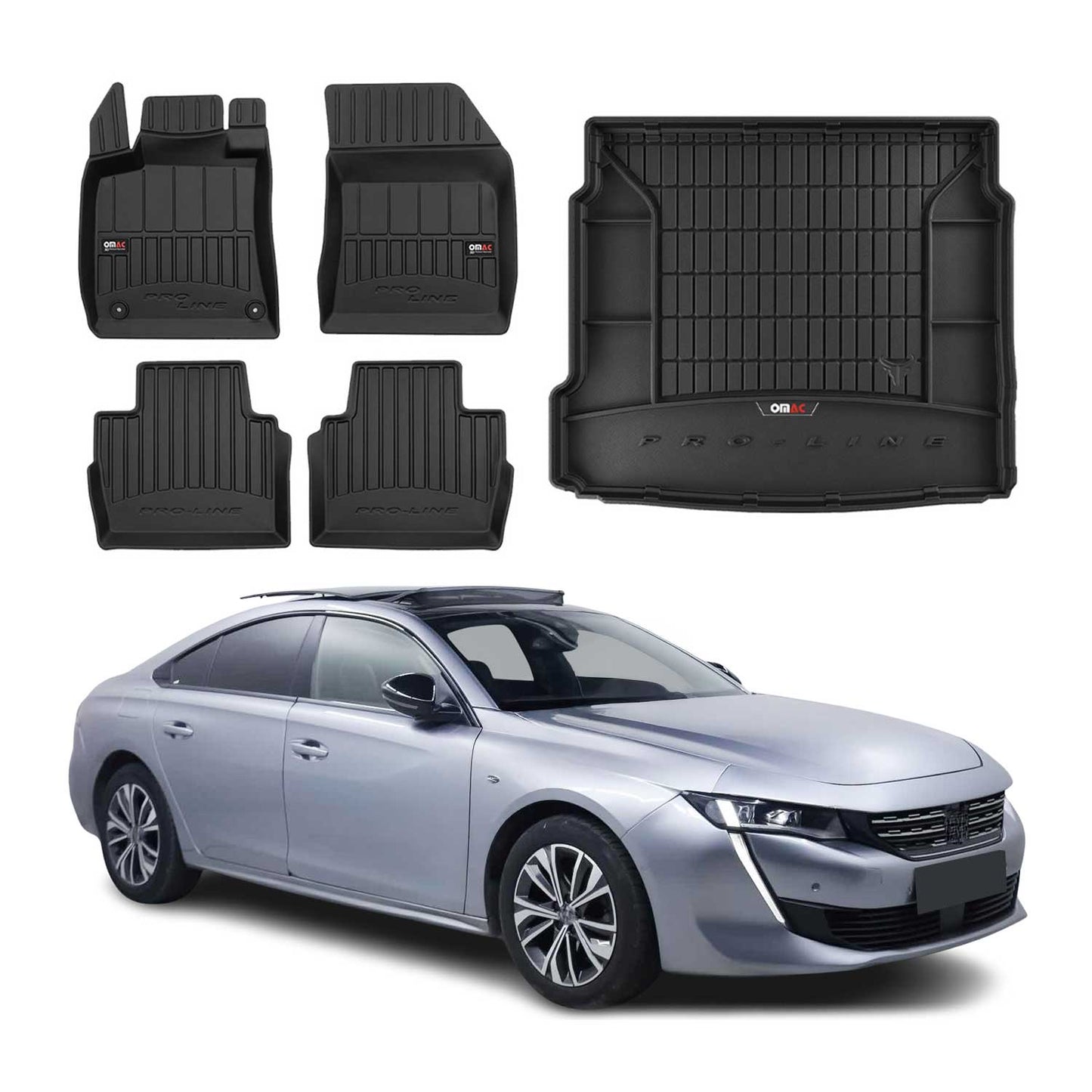 OMAC Fußmatten & Kofferraumwanne Set für Peugeot 508 2018-2025 Gummi Schwarz 5x