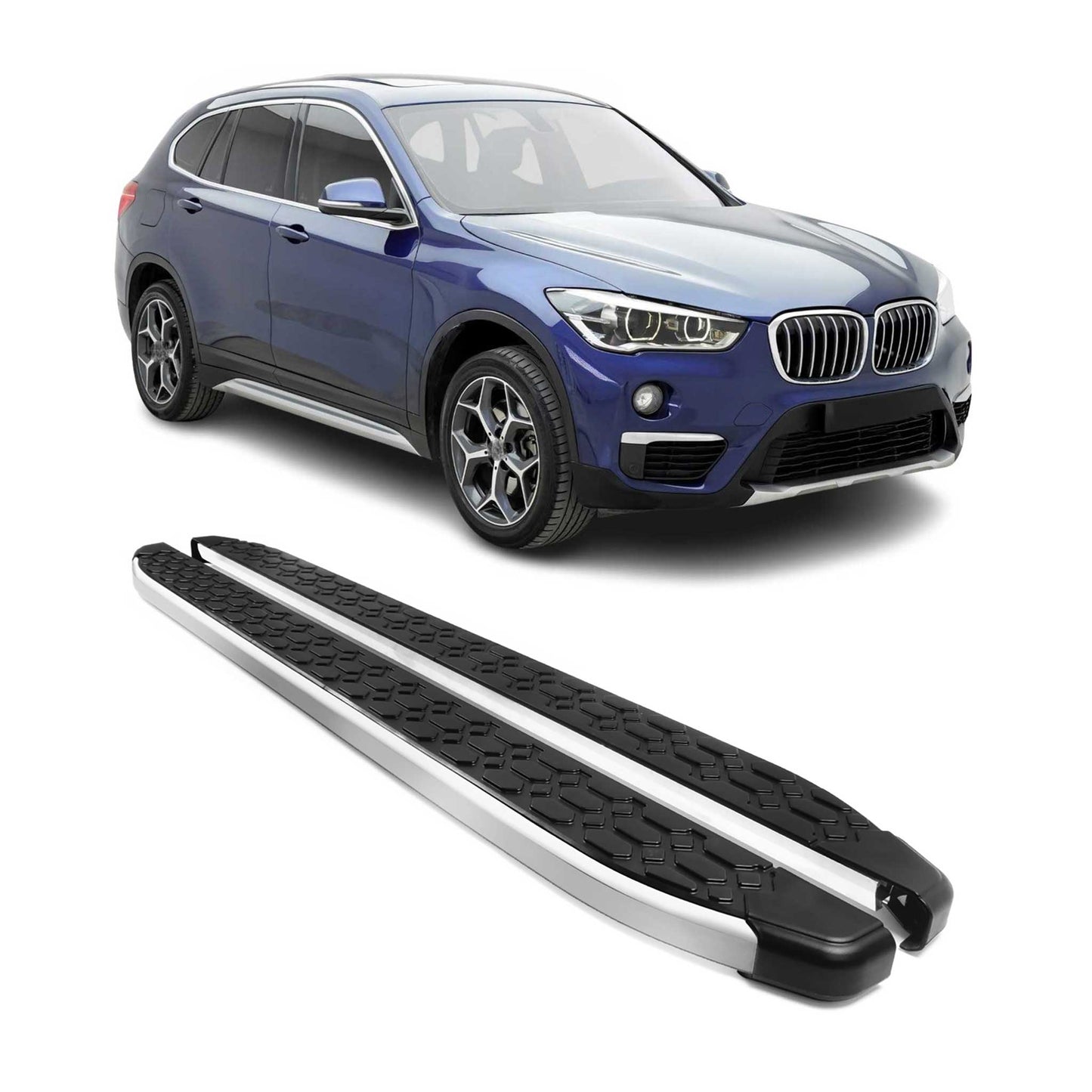 Alu Trittbretter Seitenschweller für BMW X1 F48 2015-2022 Schwarz Silber 2tlg