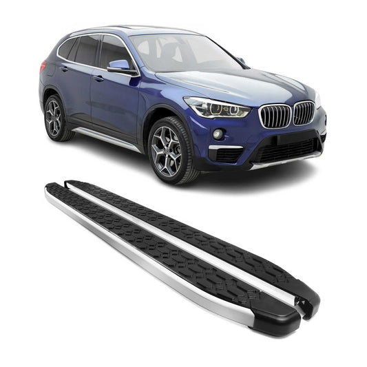 Alu Trittbretter Seitenschweller für BMW X1 F48 2015-2022 Schwarz Silber 2tlg