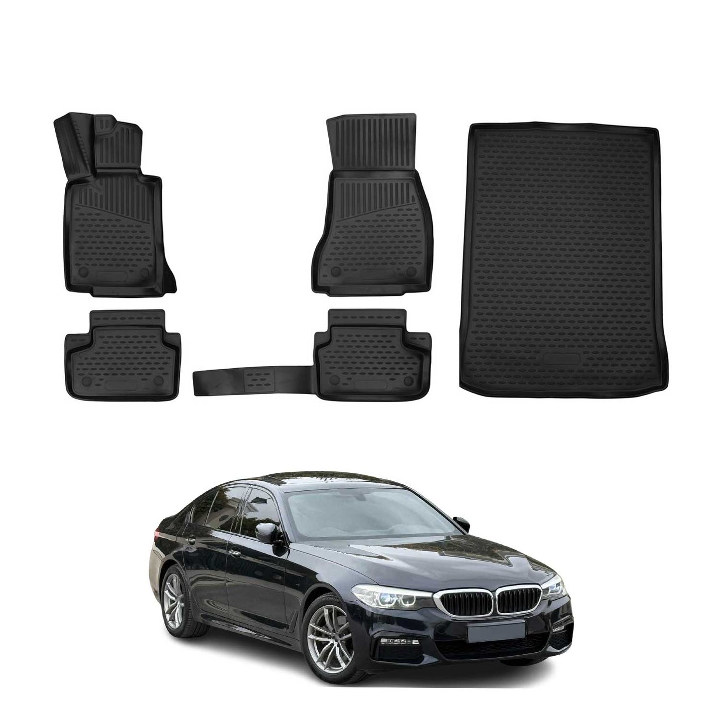 Set covorașe și tapițerie portbagaj pentru BMW Seria 5 G30 2017-2024, cauciuc TPE, negru, 5x