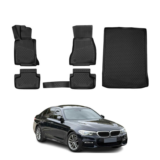 Set covorașe și tapițerie portbagaj pentru BMW Seria 5 G30 2017-2024, cauciuc TPE, negru, 5x