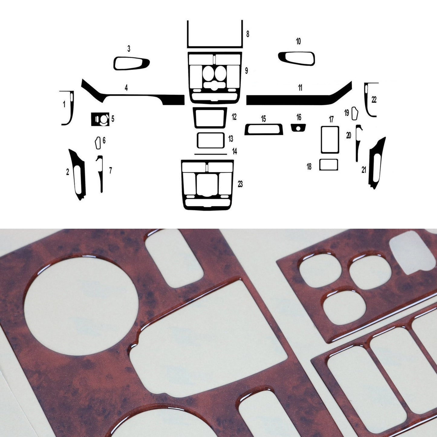 Ornamente interioare cockpit pentru Mercedes Viano W639 2003-2006, aspect lemn masiv, 22 bucăți