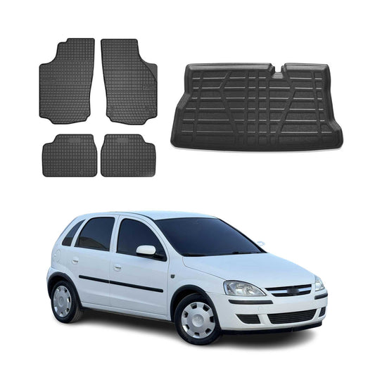 Set covorașe și portbagaj pentru Opel Corsa C hatchback 2000-2006, cauciuc, 5x
