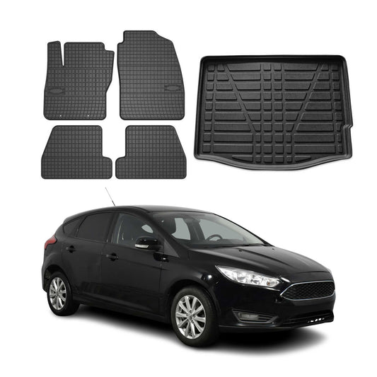 Set covorașe și portbagaj pentru Ford Focus mk3 2011-2018 cu cinci uși, cauciuc, 5x