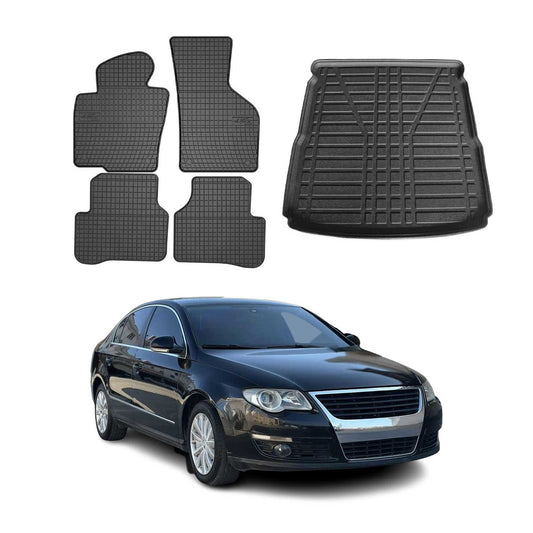 Fußmatten & Kofferraumwanne Set für VW Passat 2005-2010 Obere Gummi Schwarz 5x