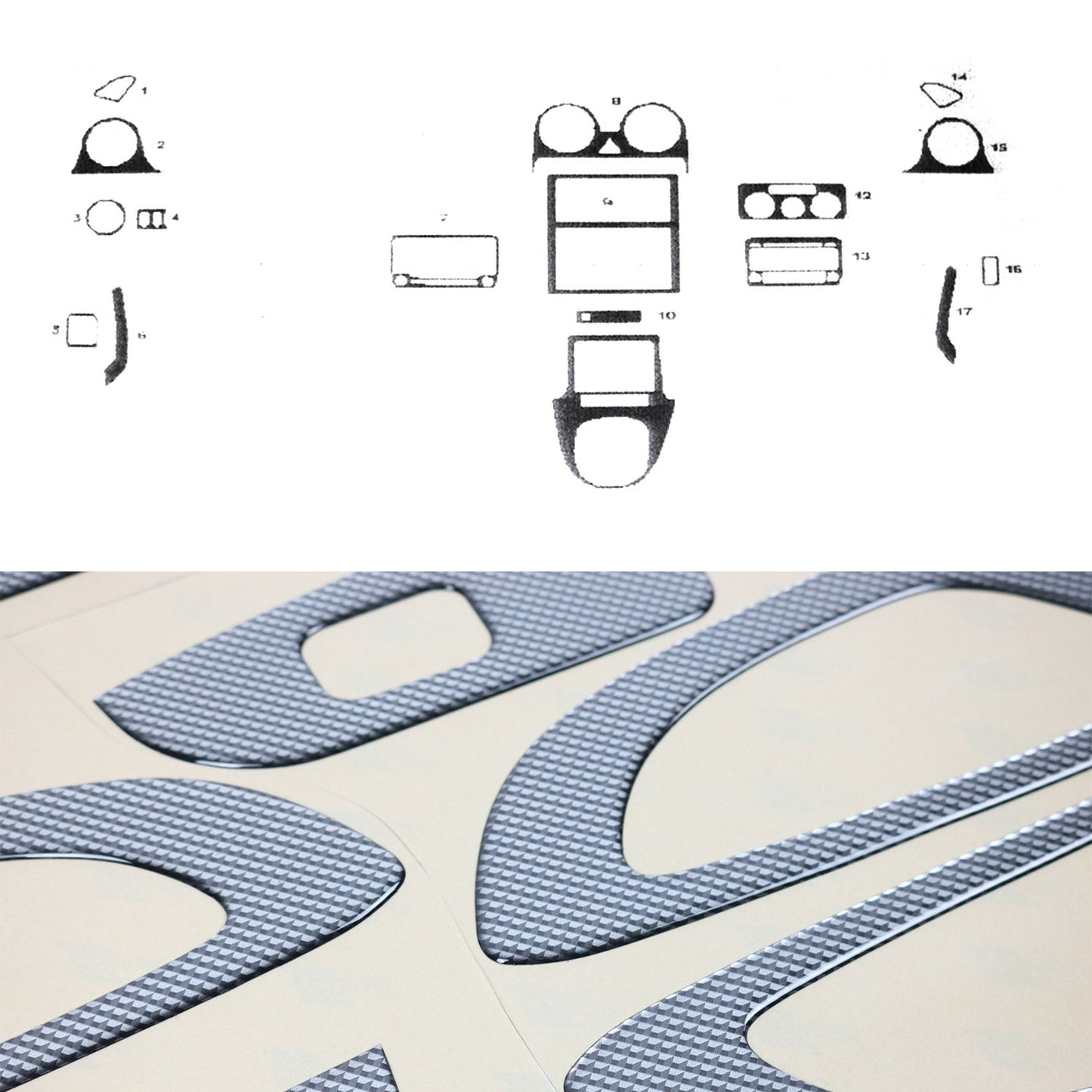 Listwa wykończeniowa kokpitu do VW Caddy 2003-2010, wygląd karbonu, 17 sztuk