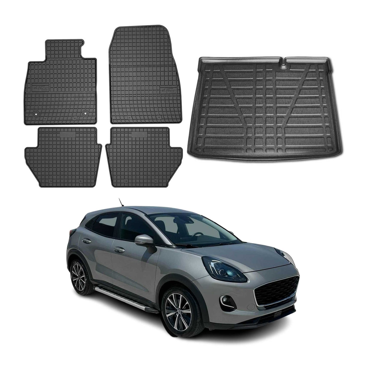 Set covorașe și căptușeală portbagaj pentru Ford Puma Lower 2020-2025, cauciuc negru, 5 buc.