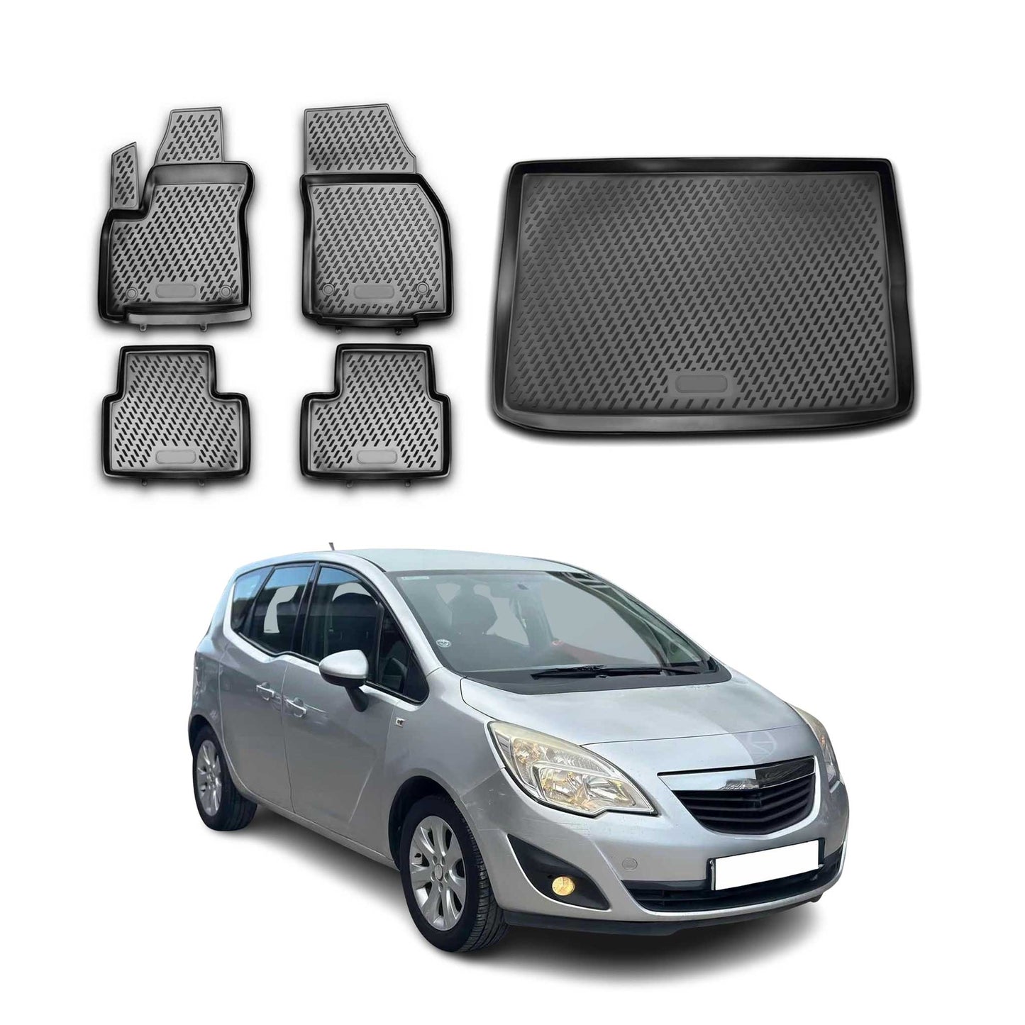 Fußmatten & Kofferraumwanne Set für Opel Meriva 2010-2025 Gummi TPE Schwarz 5x