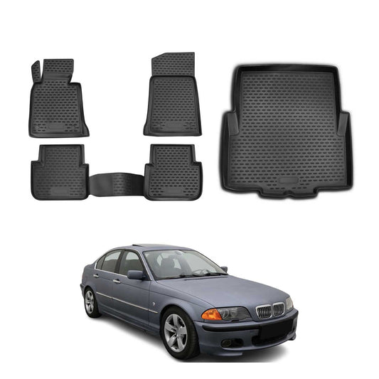 Set covorașe și tapițerie portbagaj pentru BMW Seria 3 E46 Sedan 1998-2007, cauciuc, negru, 5x