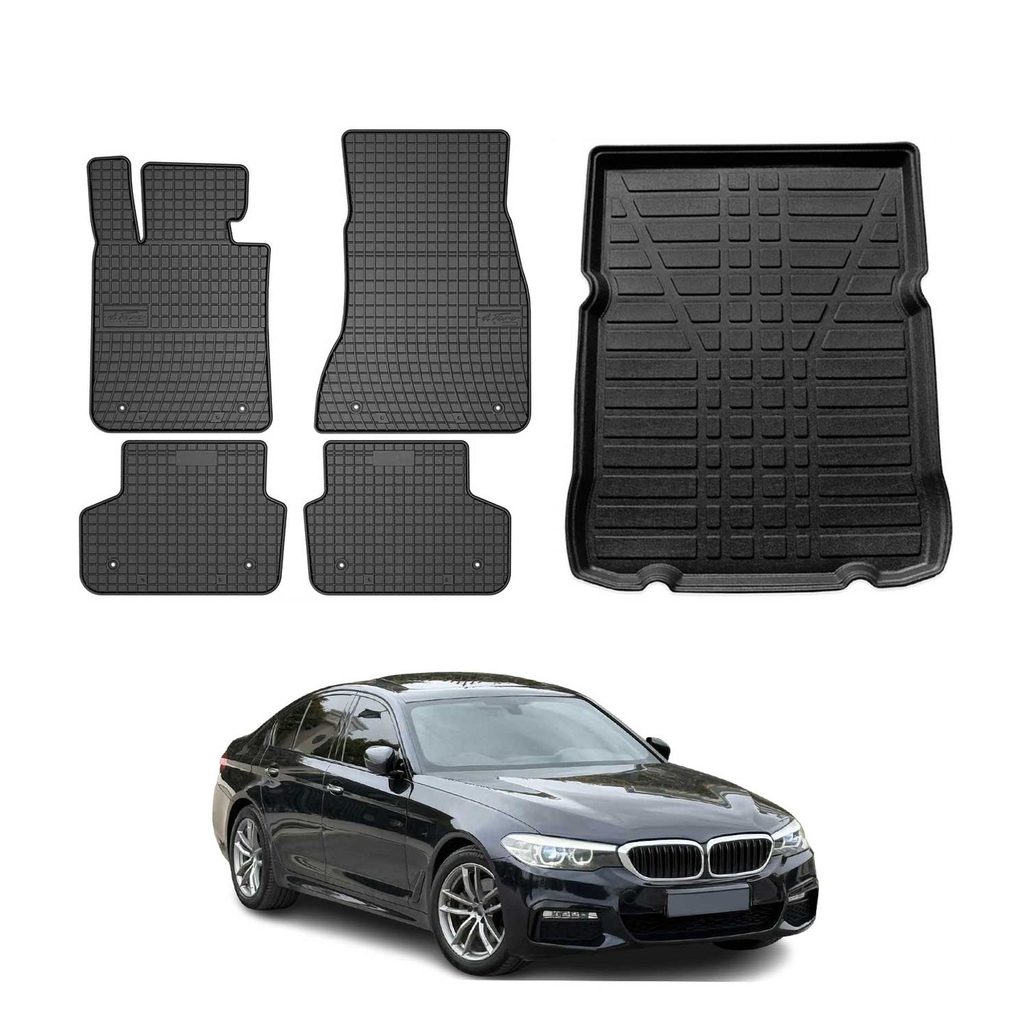Fußmatten & Kofferraumwanne Set für BMW 5er G30 2017-2024 Gummi Schwarz TPE 5x