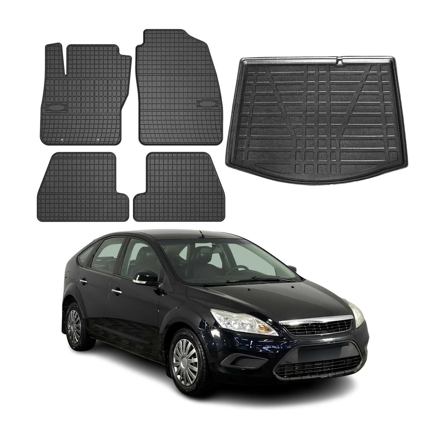 Set covorașe și portbagaj pentru Ford Focus mk2 2004-2011 cu cinci uși, cauciuc, 5x