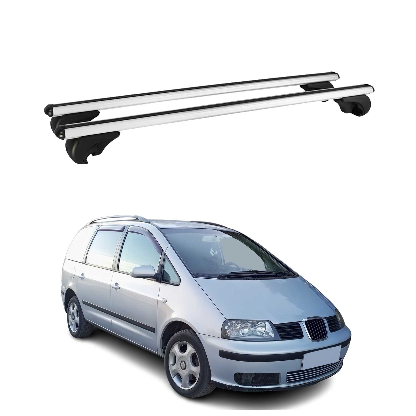 Portbagaj de plafon pentru Seat Alhambra mk1 1996-2010 75kg aluminiu argintiu 2 piese