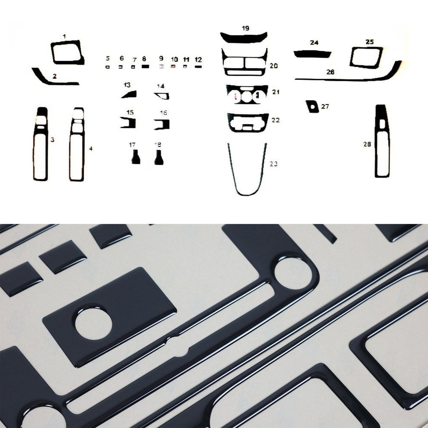 Ornamente interioare cockpit pentru Fiat Doblo 2010-2014, aspect negru piano, 28 piese