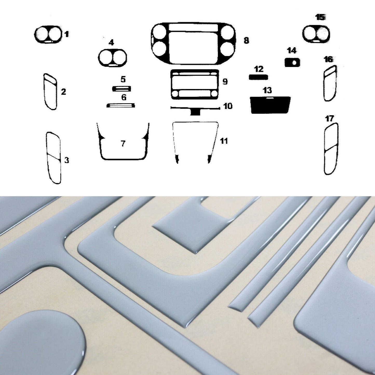 Innenraum Dekor Cockpit für VW Tiguan 2011-2016 FL Aluminium Optik 17tlg