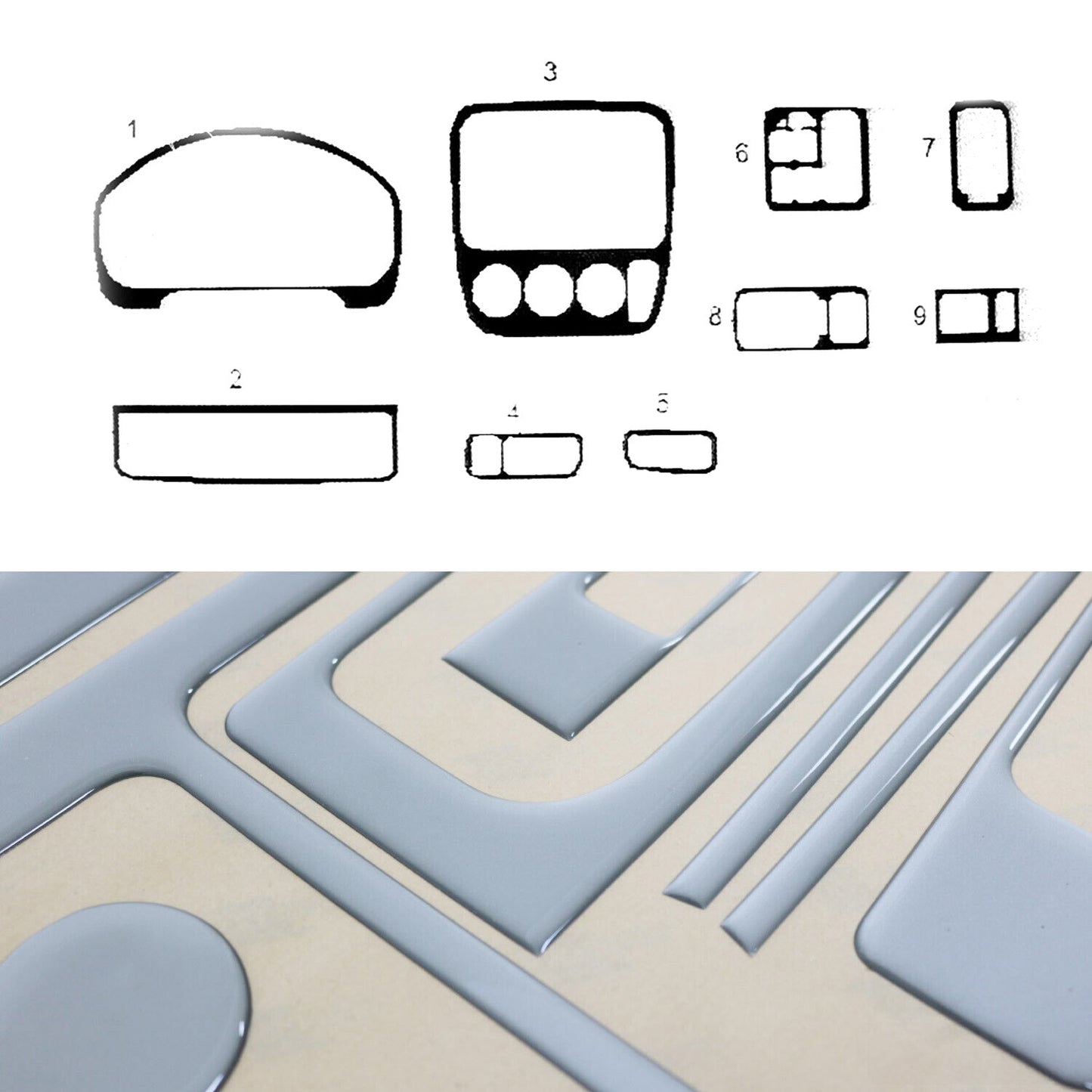 Ornamente interioare cockpit pentru Honda CR-V 1996-2001, aspect aluminiu, 9 bucăți