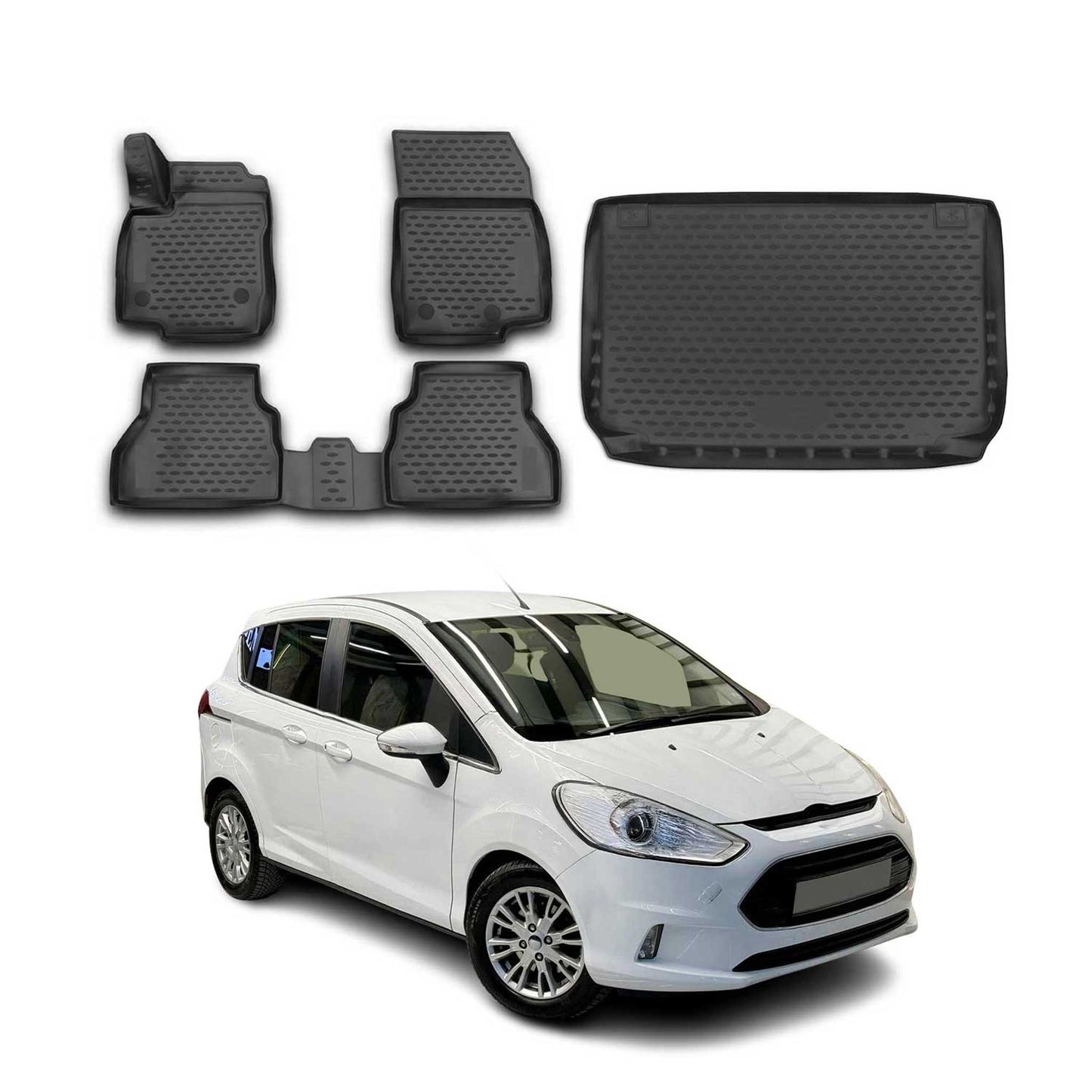 Set covorașe și căptușeală portbagaj pentru Ford B-Max 2012-2021, cauciuc TPE, negru, 5x