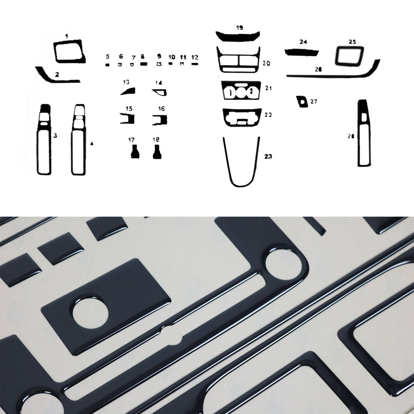 Ornamente interioare cockpit pentru Fiat Doblo 2000-2010, aspect negru piano, 25 bucăți