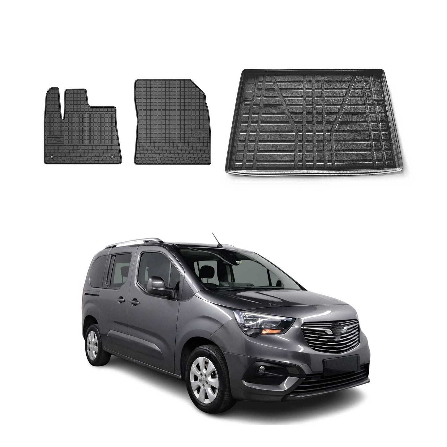 Set covorașe și tapițerie portbagaj pentru Opel Combo Life 2019-2025, cauciuc, negru, 3 buc.