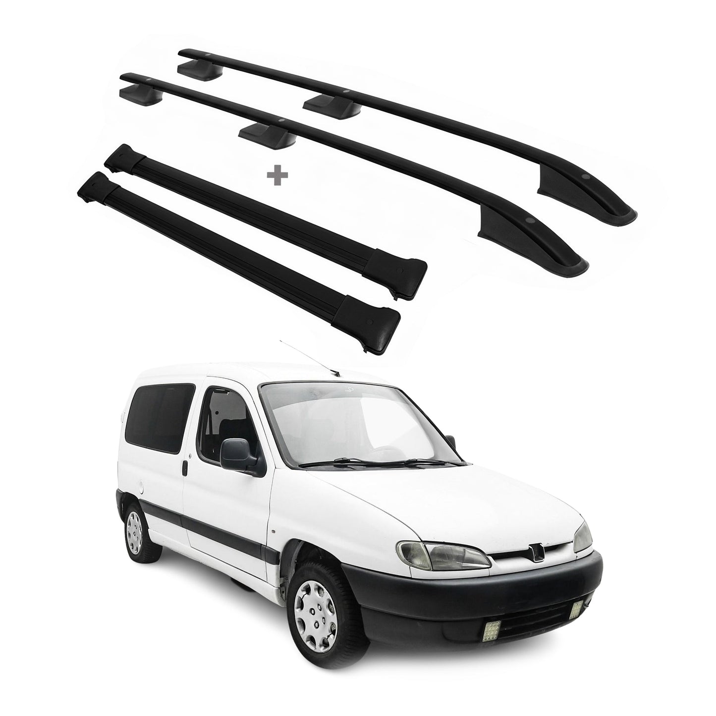 Dachreling + Dachträger für Peugeot Partner 1996-2008 L1 Kurzer Alu Schwarz 4x