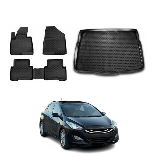 Set covorașe și portbagaj pentru Hyundai i30 2011-2016 5 uși 3D TPE Negru
