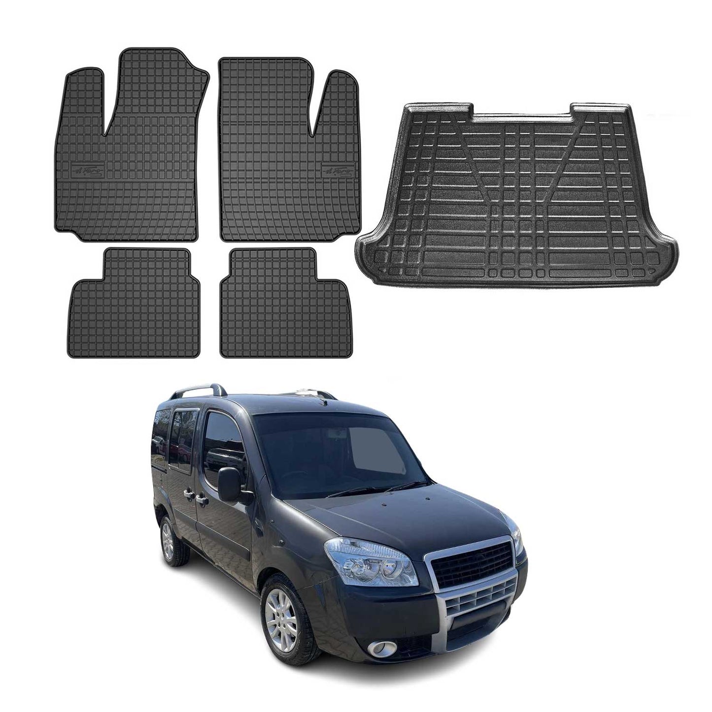 Set covorașe și tapițerie portbagaj pentru Fiat Doblo 2000-2010, cauciuc TPE, negru, 5x